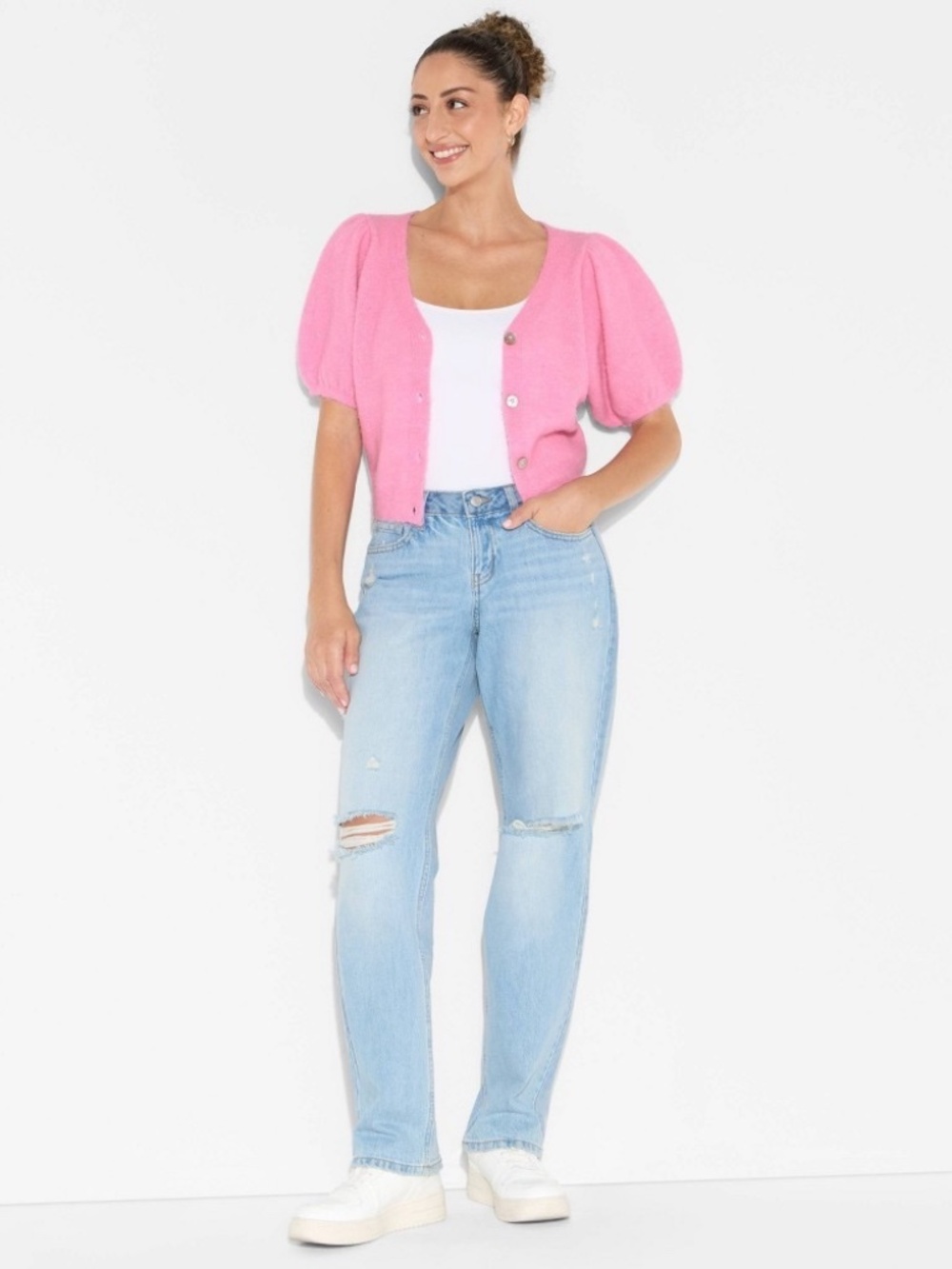 Women's Puff Short Sleeve V-Neck Cardigan - Wild Fable™ Rose Pink XL